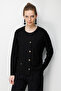 Women's V-Neck Pleated Araboy Fine Knit Jacket Black - 4