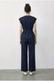 Women's Navy Blue Double Breasted Collar Satin Belted Vest Loose Pants Bottom-Top Denim Suit 9415 60286044 - 5