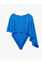 Slim Fit Round Neck Tulle Detailed Asymmetrical Cut Cobalt Cape Bodysuit - 4