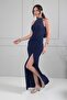 Women's Halter Neck Lined Stone Embroidered L Stretch Fabric Crepe Satin Long Dress - 2