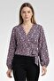 Women Surplice Neck Long Sleeve Floral Pattern Crop Top, Multicolor - 4