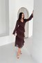 Women's Brown V-Neck Layered Ruffle Detail Midi Length Chiffon Dress Nbk079 - 2