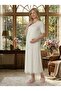 New Season Ecru Summer Buttoned Elegant Lace Embroidered Short Sleeve 100% P Cotton Maternity Nightgown - 2