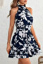 New Season Women's Off the Shoulders High Neck Belted Patterned Short Single Jersey Dress - 3