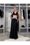 Women's Black Lace Piece Neck Tie-Detail Maxi Dress