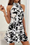 New Season Women's Off the Shoulders High Neck Belted Patterned Short Single Jersey Dress - 5