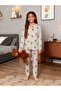 Gray Color Teddy Bear Pattern Shirt Collar Buttoned Milan Fabric Spring Girls' Pajama Set - 4