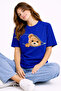 Zippered Teddy Bear Printed Women's T-Shirt Oversize Cute Teddy Bear Printed Cotton T-Shirt Navy Blue - 2