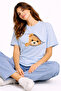 Zippered Teddy Bear Printed Women's T-Shirt Oversize Cute Teddy Bear Printed Cotton T-Shirt Blue - 2