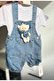 Unisex Baby Teddy Bear Print Denim Salopet Jumpsuit T-Shirt Set - 6