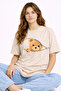 Zippered Teddy Bear Printed Women's T-Shirt Oversize Cute Teddy Bear Printed Cotton T-Shirt Beige - 2