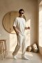 Men's Summer Beige Tracksuit Set Oversized T-Shirt Elastic Lace-Up Baggy Pants Ls-1075 - 3