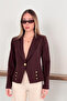 Brown Gold Button Detailed Double-Breasted Cut Woven Fabric Blazer Jacket - 3