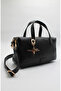 Women's Black Multi-Compartment Crossbody Hand and Shoulder Bag with Useful Metal Accessories and Zipper