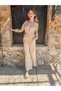 Beige Color Boat Neck Seersucker Blouse and Pants Set - 2