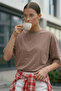 Women's Oversized Basic T-Shirt Brown – Crew Neck, Comfortable Fit, Lettering, 100% Cotton - 5