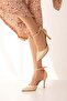 Beige Snake Leather Si Patterned 8.5cm Stiletto Pointed Toe Women's Heeled Shoes - 2