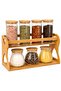 Bamboo Spice Rack with 7 Glass Jars- 2 Tier Kitchen Organizer with Spoons, Labeled Jars