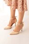 Beige Snake Leather Si Patterned 8.5cm Stiletto Pointed Toe Women's Heeled Shoes - 7