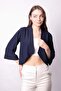 Women's Shawl Collar Capri Sleeve Cardigan Jacket with Elastic Back - Navy Blue