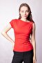 Women's Stretch Fabric Lightweight Shiny Fabric Boat Neck One Shoulder Low Accessory Pleated Body Blouse-Red