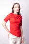 Women's Stretch Fabric Lightweight Shiny Fabric Boat Neck Pleated Asymmetrical Elbow Top Sleeve Body Blouse-Red - 2