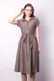 Women's Drop-Shoulder Waist Ruched Pocketed Belt Li Midi Length Below Knee Dress-Smoke - 4