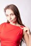 Women's Stretch Fabric Lightweight Shiny Fabric Boat Neck One Shoulder Low Accessory Pleated Body Blouse-Red - 6