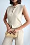 Women's High Collar Sleeveless Brooch Top Wide Leg Bottom Linen Set