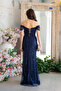 Women's Navy Blue Boat Neck Beaded Long Evening Dress - 6