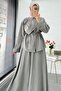 Premium Shoulder Gold Buttoned Skirt Suit - Green - 4
