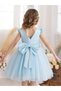 Girls Light Blue Faux Pearl Tulle Bow Detail Dress - 6