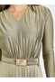 Olive Satin Pleated A-Line Maxi Dress - 4