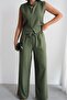 Women's High Collar Sleeveless Brooch Top Wide Leg Bottom Linen Set - 3