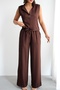 Women's High Collar Sleeveless Brooch Top Wide Leg Bottom Linen Set - 4
