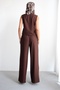 Women's High Collar Sleeveless Brooch Top Wide Leg Bottom Linen Set - 5