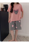 Heart Print Round Neck T-Shirt and Checked Shorts Set - 3