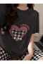 Heart Print Round Neck T-Shirt and Checked Shorts Set