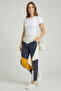 Navy Blue Yellow White Colorblock Elastic Waist Lace up Cuffed Zippered Women's Genuine Leather Pants