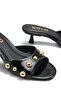 Delavona Black Patent Leather Women's Staple Detailed Round Toe Comfortable Thin Short Kitten Heeled Slippers - 6