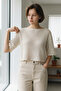 Ecru Boat Neck Mesh Hand Knitted Crochet P Cotton U C Cropped Blouse - 3