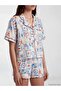 Shirt Collar Printed Women's Shorts Pajama Set (S6) - 3