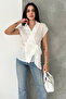 Women's Double-Breasted Tie-Detail Blouse – Black V-Neck Stylish Blouse - 4