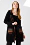 Women's Front Tasseled Hooded Long Wool Cardigan Black 22258