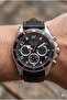 Silver Round Case Men's Wristwatch |   43mm Steel Case, Black Leather Band, Black Dial