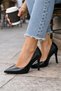 Women's Classic Stiletto Genuine Black Leather Shoes - 3