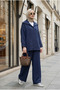 Massimo Model Kupra Fabric Buttoned Shirt-Jacket Palazzo Pants Set/Navy Blue
