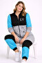 Women's Large Size Grey-Blue, Satin and Stone Detailed Pocketed Tracksuit Set 65N39428 - 5