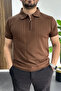 Men's Stripe Patterned Polo Collar Brown Edw458