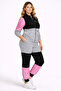 Women's Plus Size Grey-Pink, Satin and Stone Detailed Pocketed Tracksuit Set 65N39428 - 7